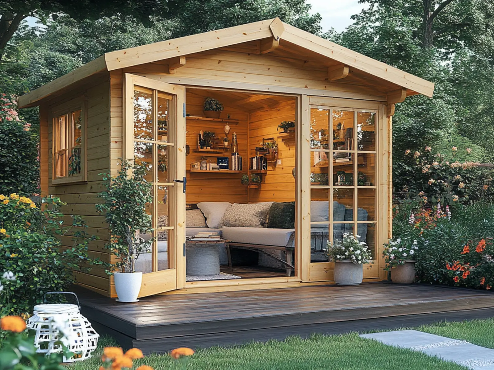 Abri de jardin en bois résistant aux intempéries – Abri de jardin classique avec portes doubles et fenêtres isolées